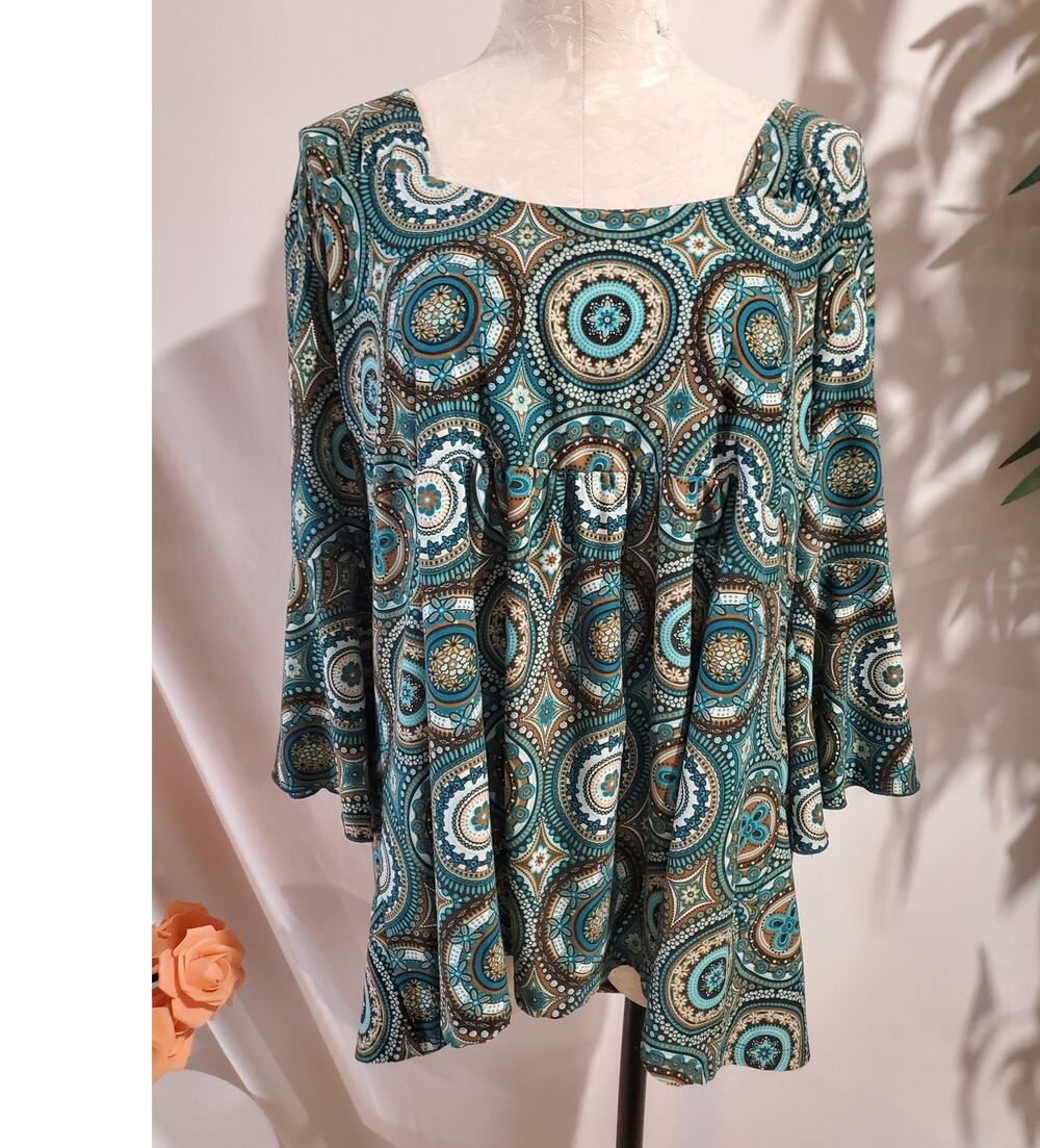 Vtg Dressbarn Boho Mandala Bell Sleeve Square Neck Babydoll Top 2X Hippie Y2K